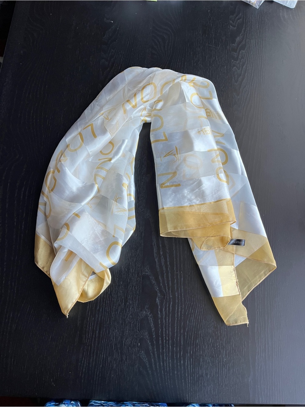 Sheer White Scarf with Gold Trim and Script Accents